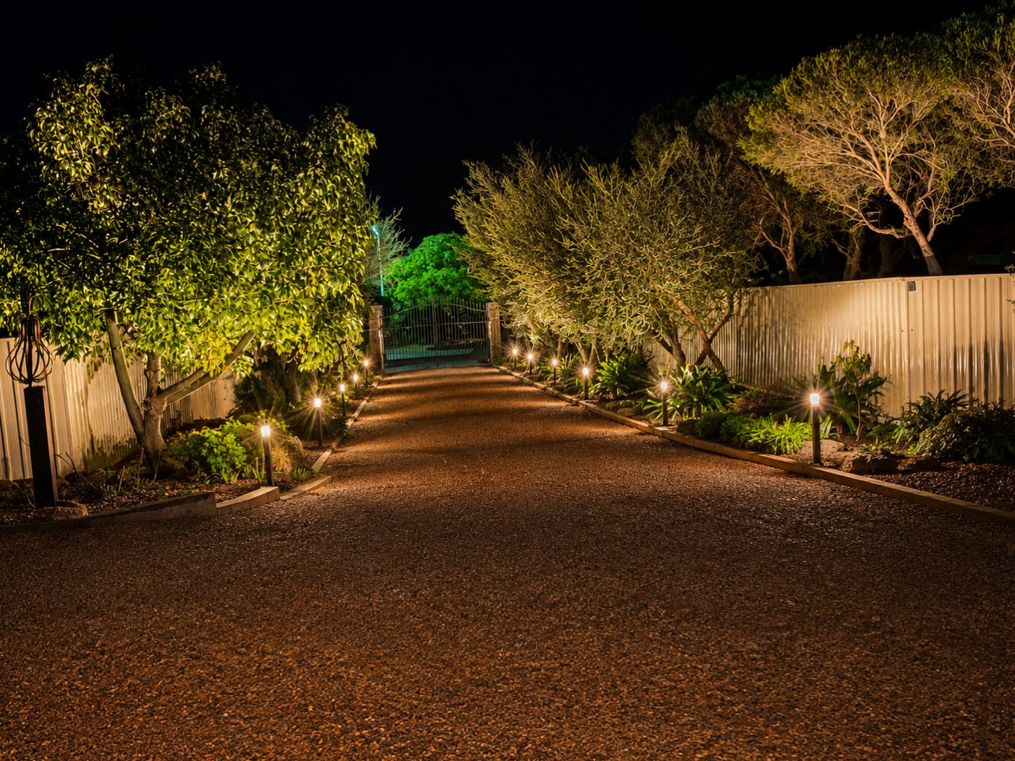 Landscape lighting along a gravel driveway lined with trees, leading to a front gate